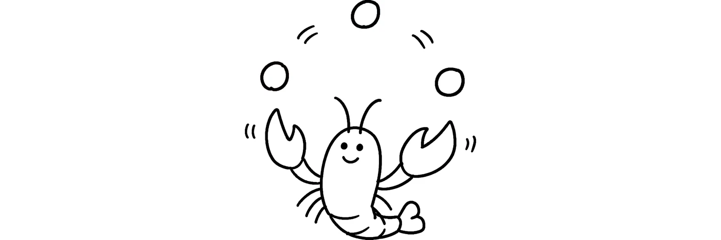A cartoon lobster juggling