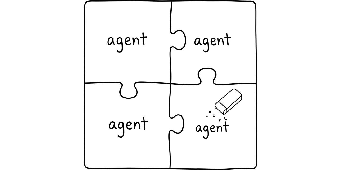 Four interlocking puzzle pieces each labeled "agent," one being erased while the rest stay locked together